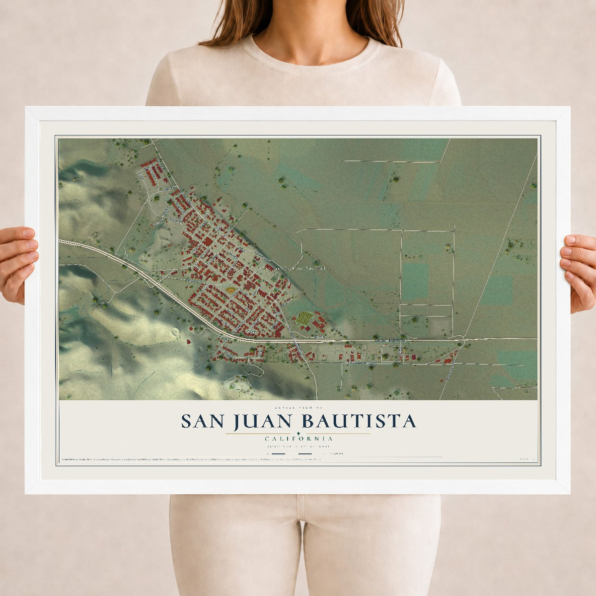 Map of San Juan Bautista, California, 18 x 24 inch print in a white wood frame