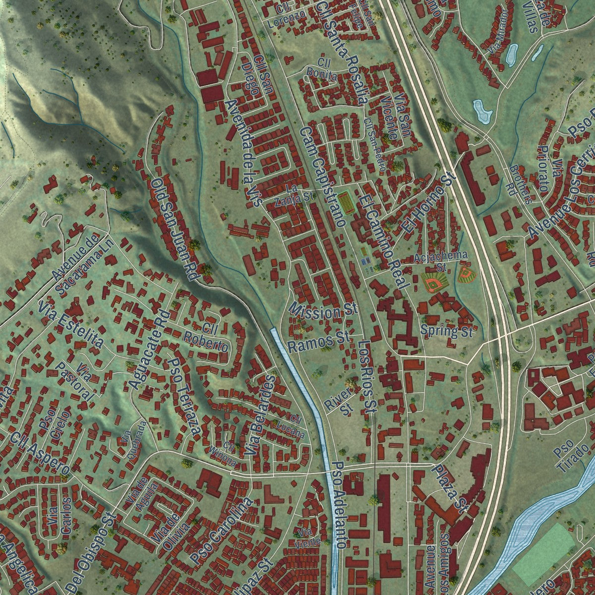 Close-up of the map of San Juan Capistrano, California print showing street and building detail