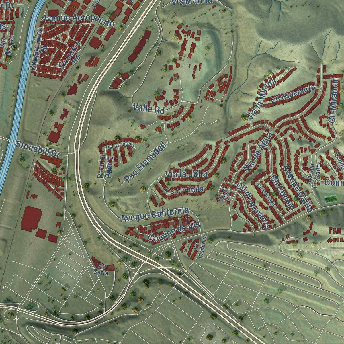 Second close-up of the map of San Juan Capistrano, California print showing more streets and buildings