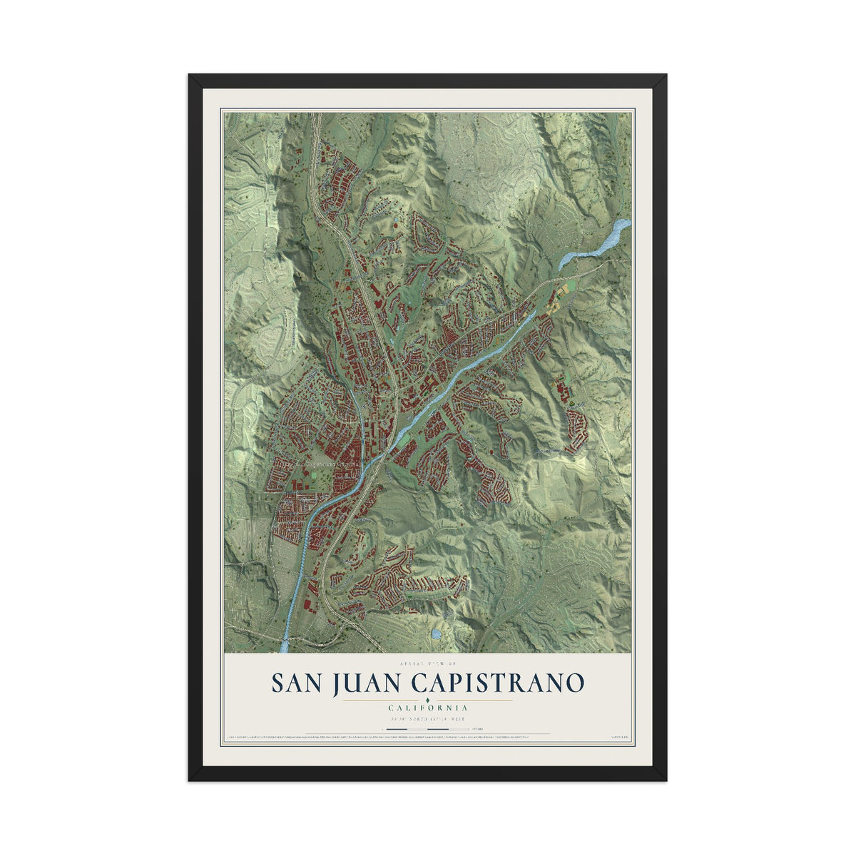 Map of San Juan Capistrano, California, 12 x 18 inch print in a black wood frame