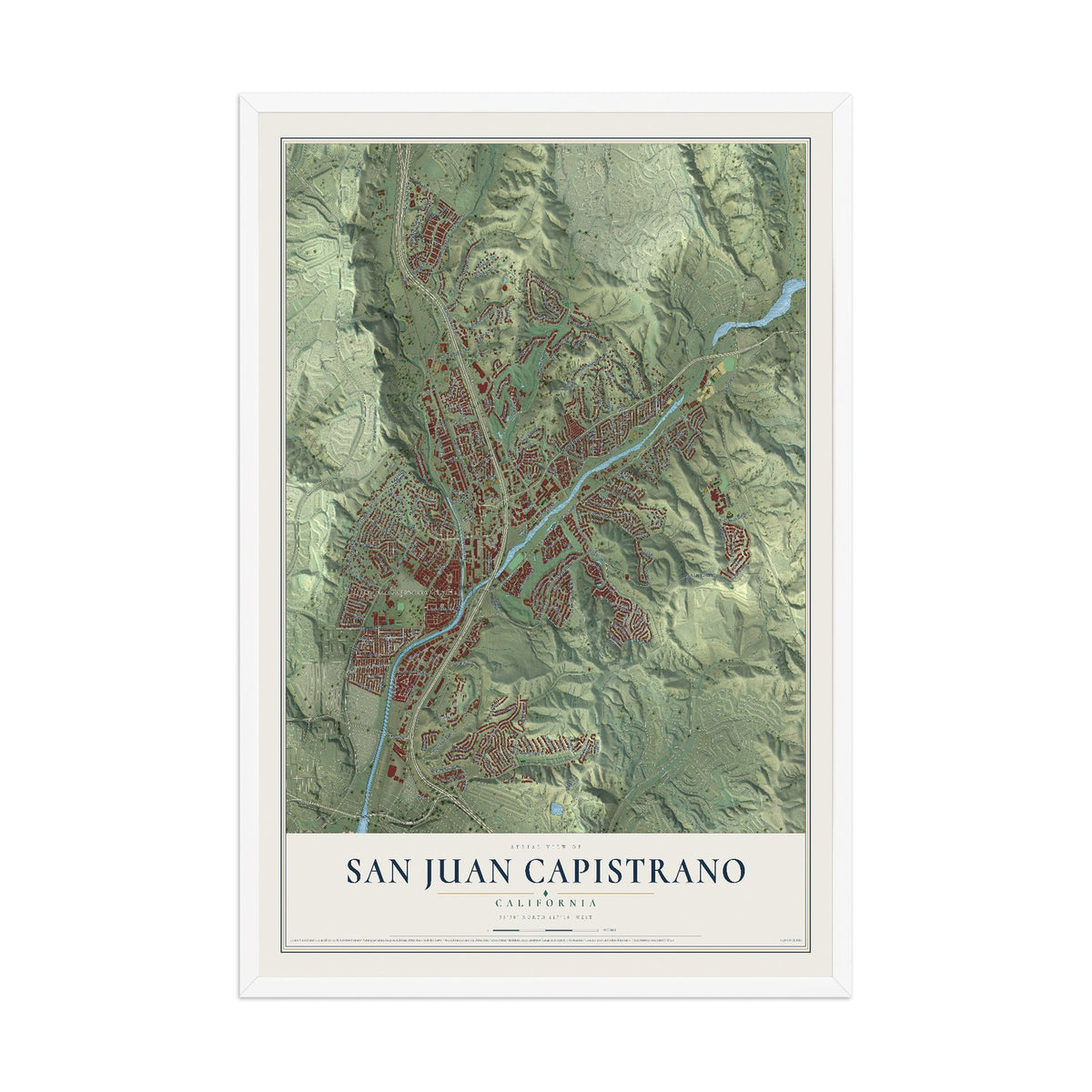 Map of San Juan Capistrano, California, 12 x 18 inch print in a white wood frame