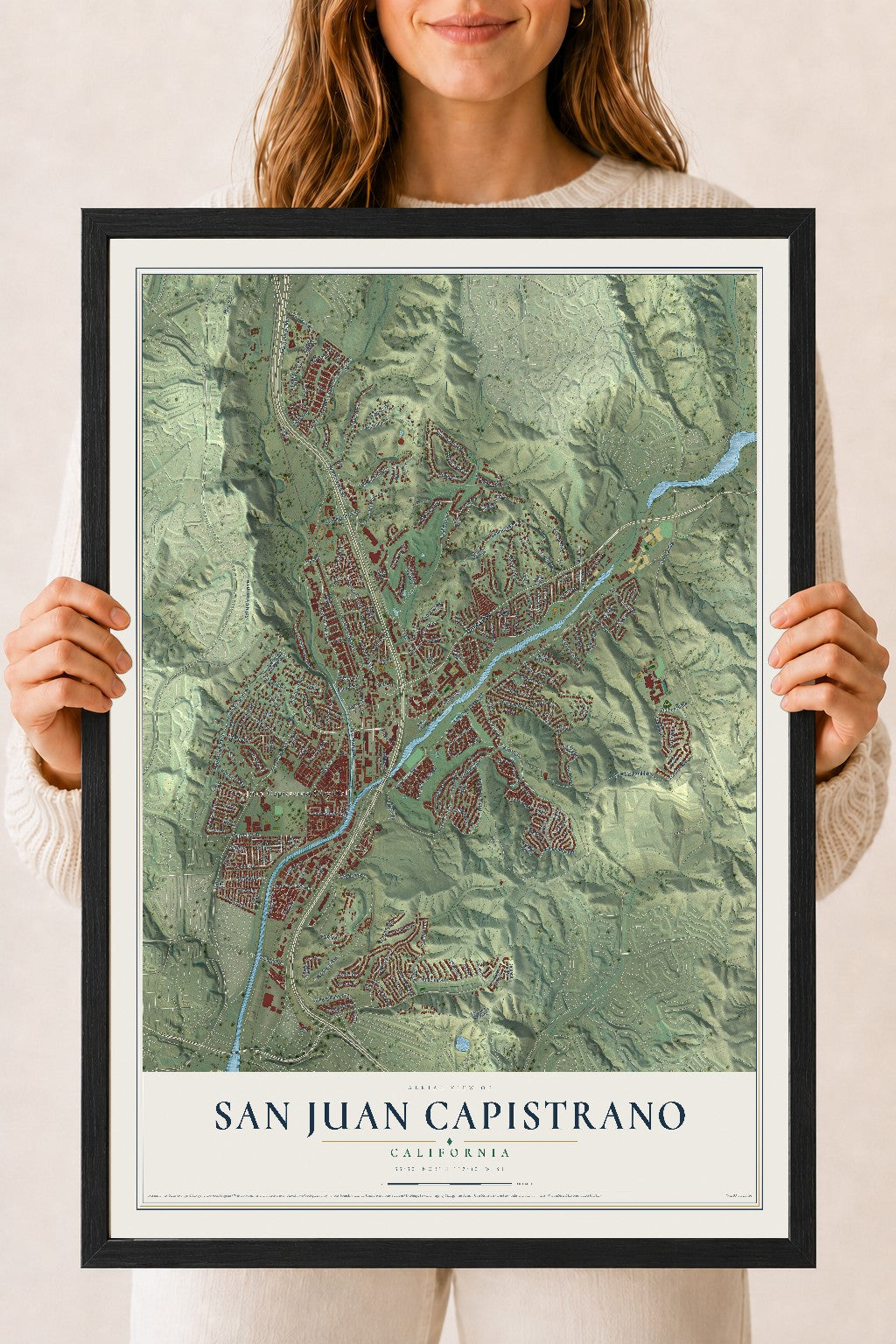 Map of San Juan Capistrano, California, 18 x 24 inch print in a black wood frame