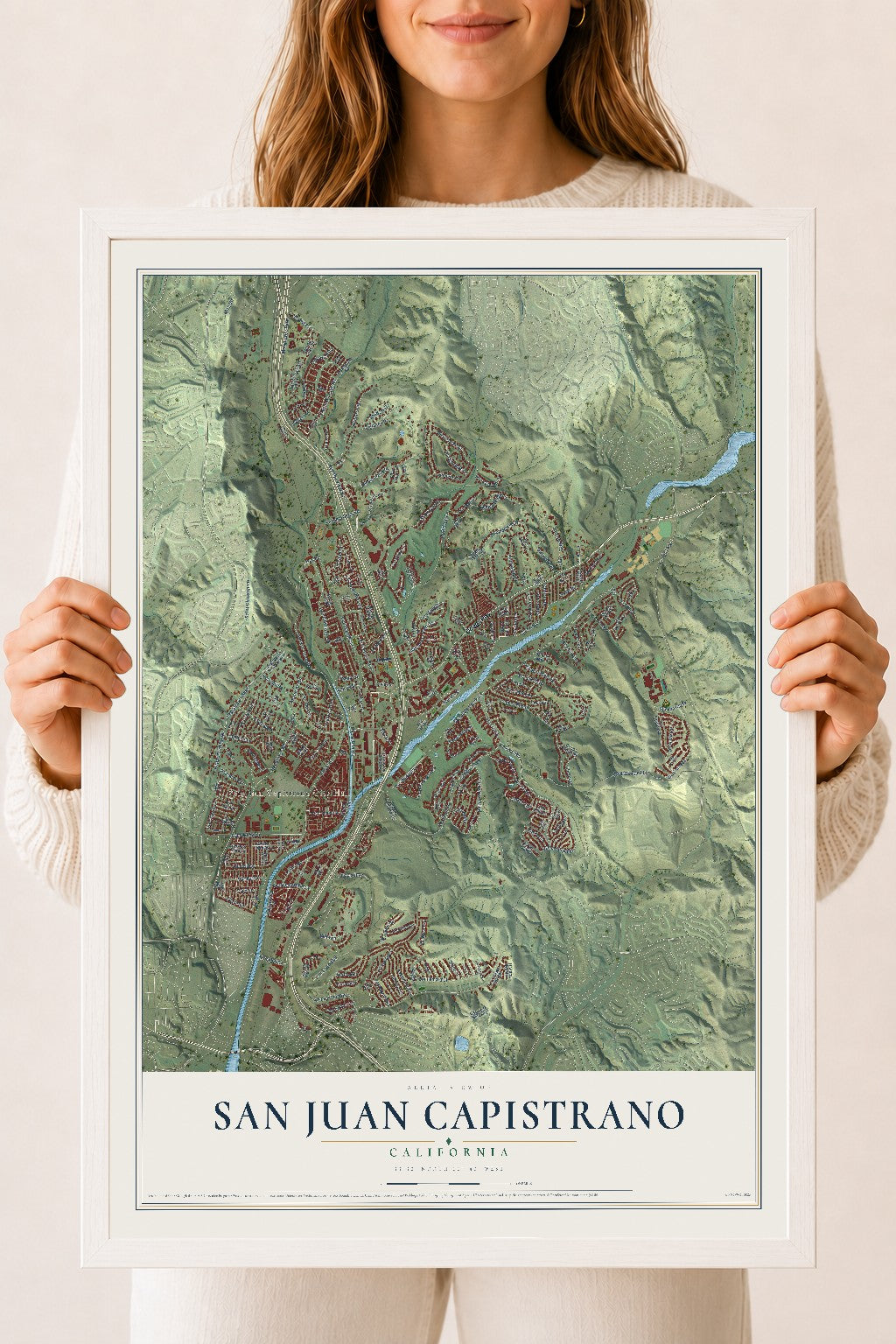 Map of San Juan Capistrano, California, 18 x 24 inch print in a white wood frame