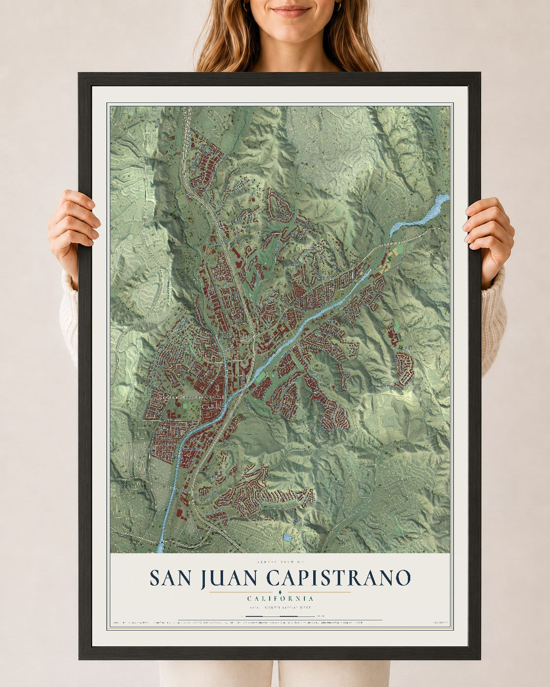 Map of San Juan Capistrano, California, 24 x 36 inch print in a black wood frame