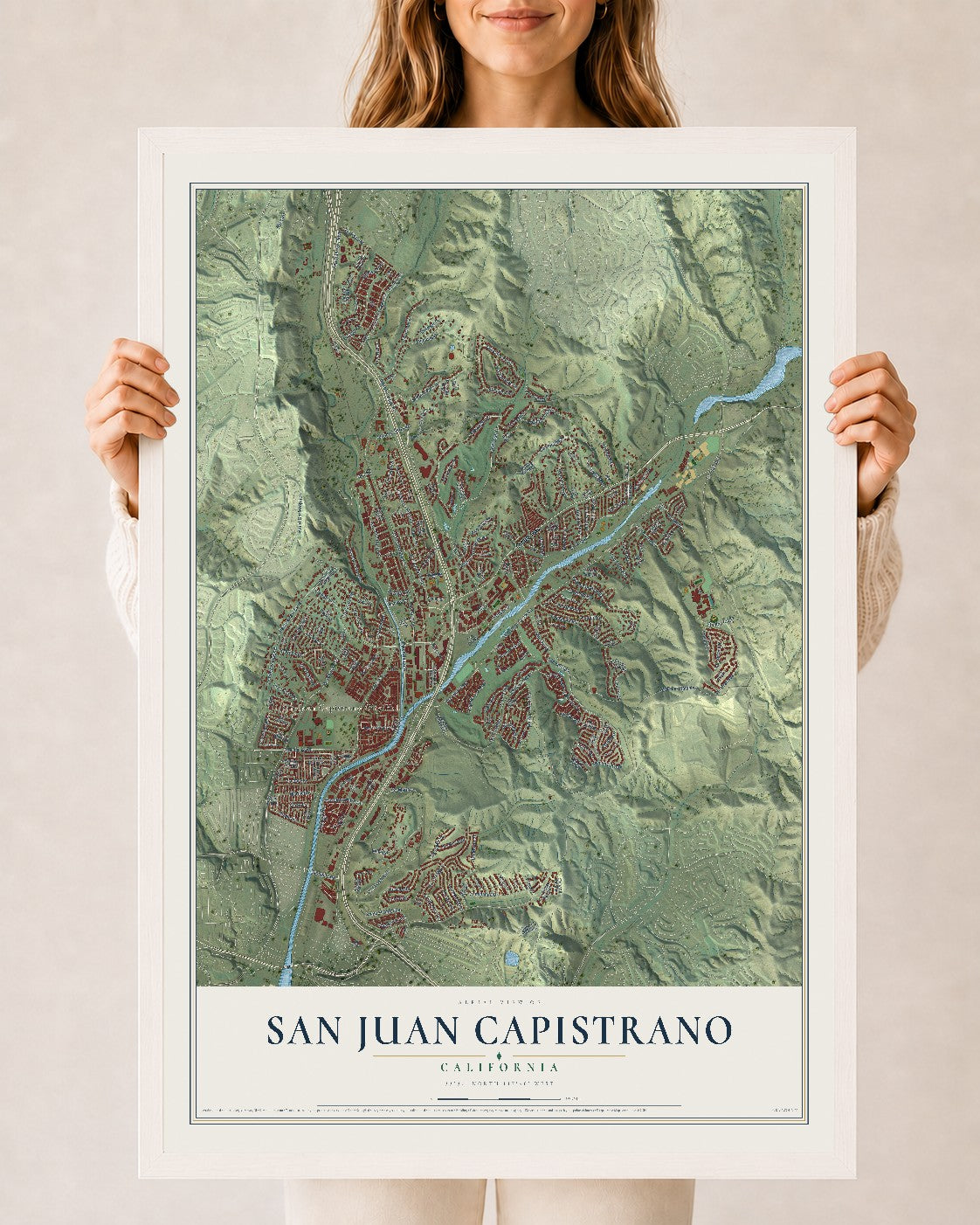 Map of San Juan Capistrano, California, 24 x 36 inch print in a white wood frame