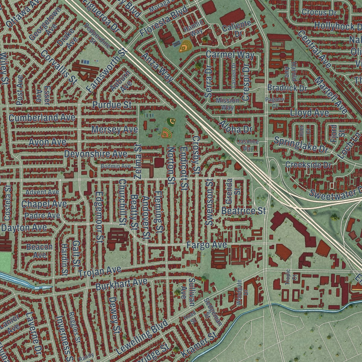 Close-up of the map of San Leandro, California print showing street and building detail