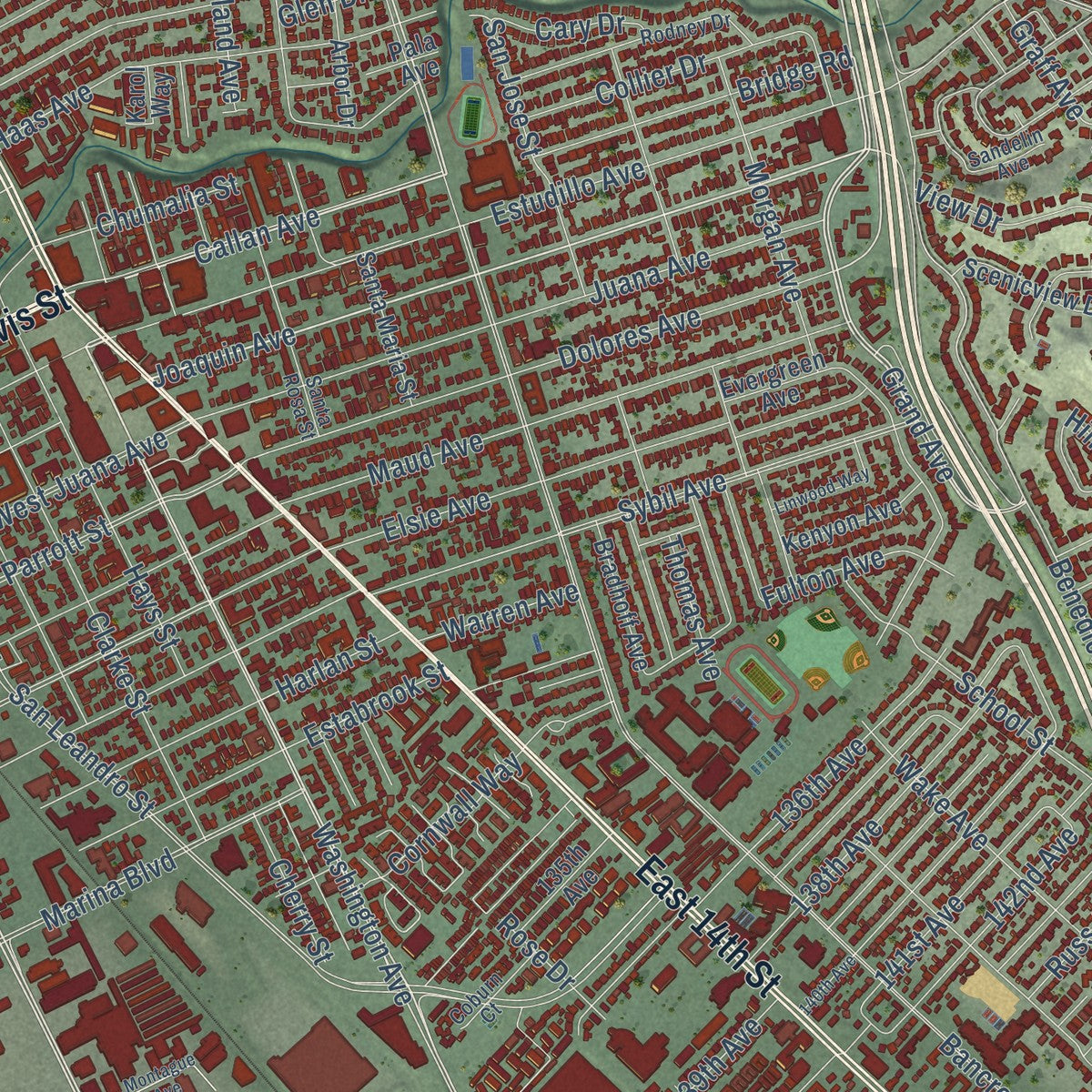 Second close-up of the map of San Leandro, California print showing more streets and buildings