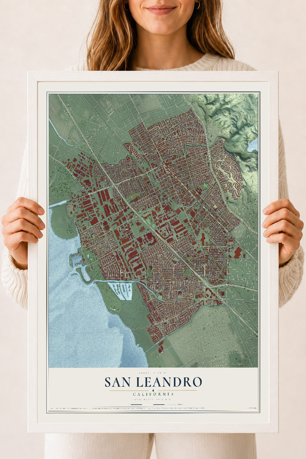 Map of San Leandro, California, 18 x 24 inch print in a white wood frame