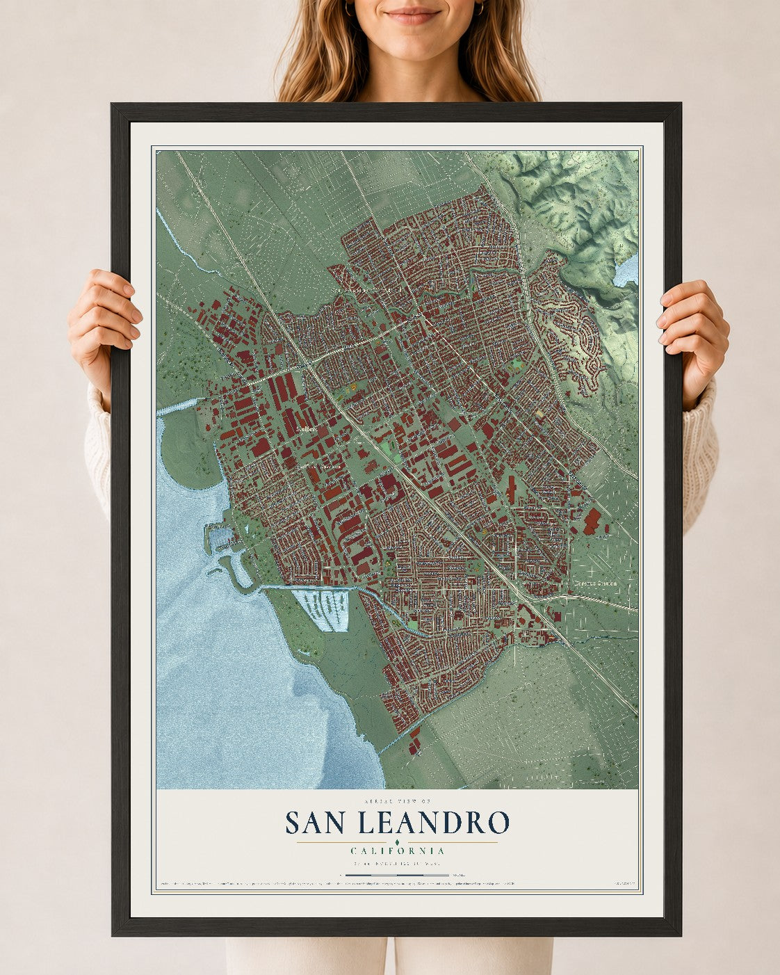 Map of San Leandro, California, 24 x 36 inch print in a black wood frame