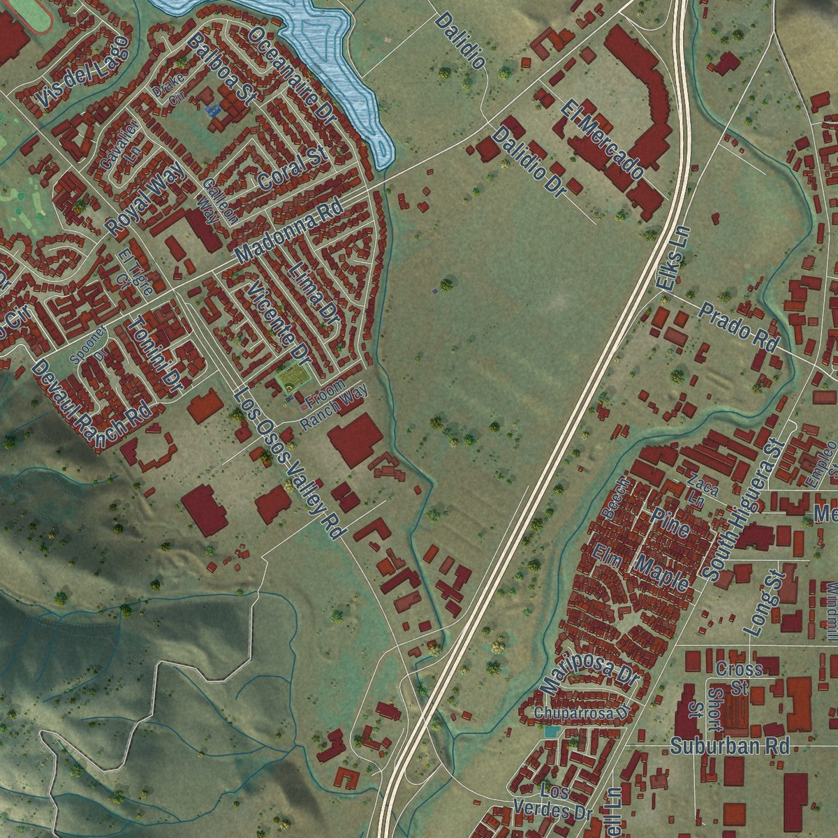 Second close-up of the map of San Luis Obispo, California print showing more streets and buildings