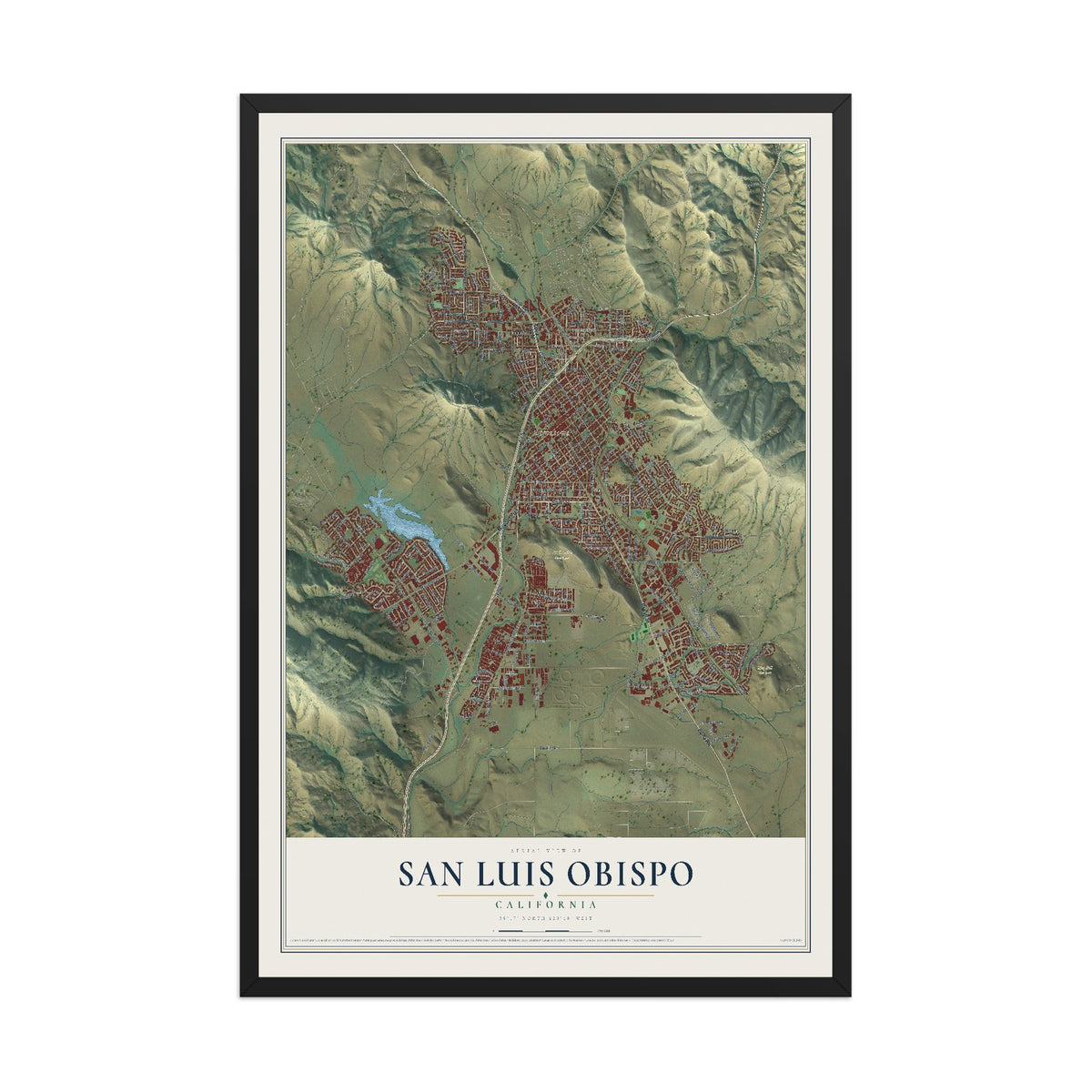 Map of San Luis Obispo, California, 12 x 18 inch print in a black wood frame
