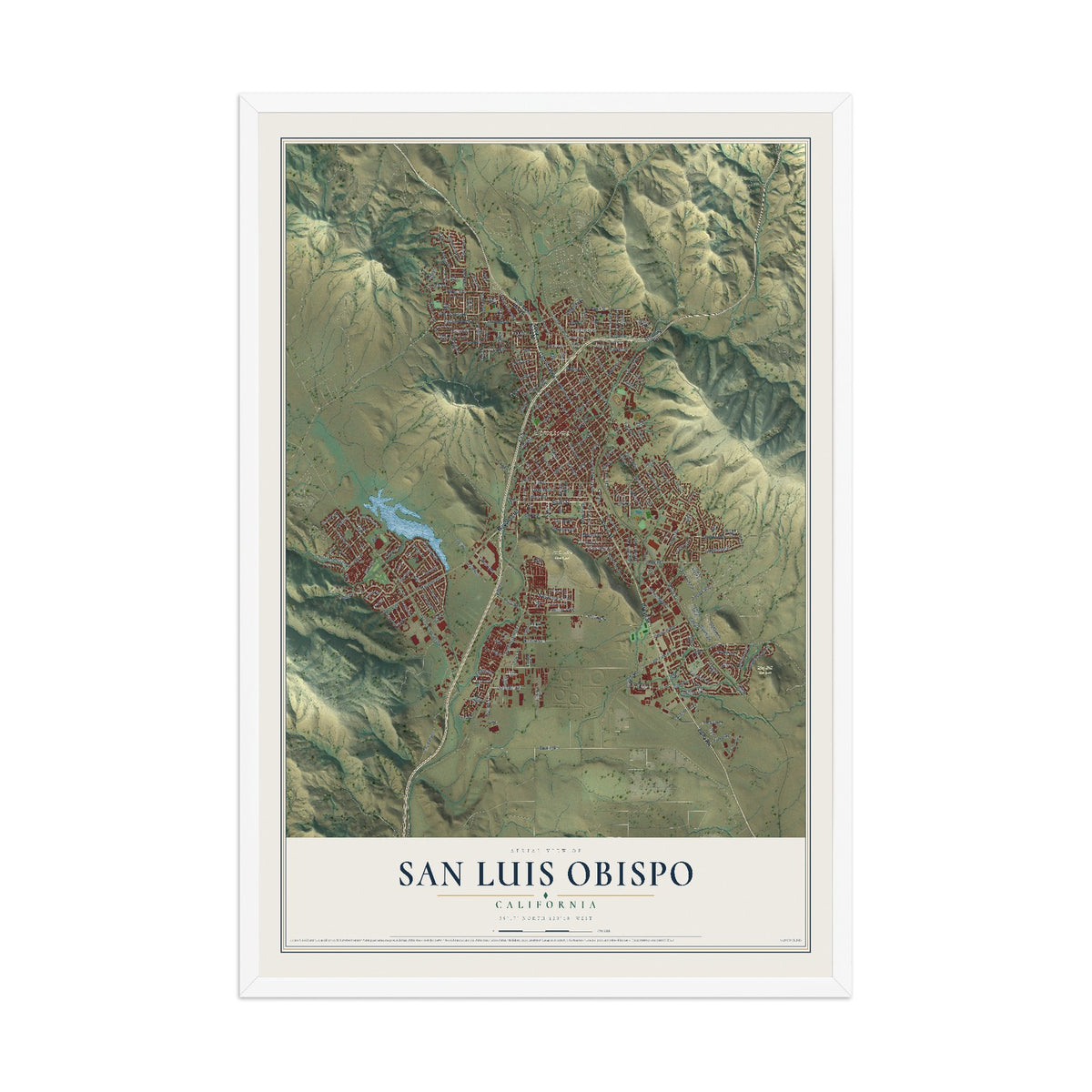 Map of San Luis Obispo, California, 12 x 18 inch print in a white wood frame