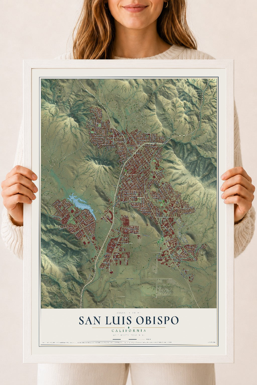 Map of San Luis Obispo, California, 18 x 24 inch print in a white wood frame