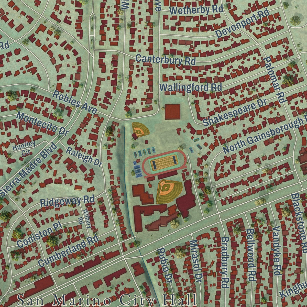 Close-up of the map of San Marino, California print showing street and building detail