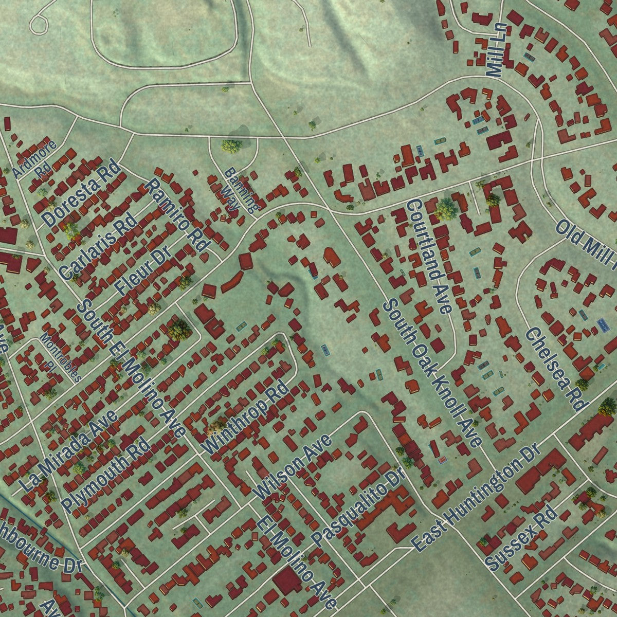 Second close-up of the map of San Marino, California print showing more streets and buildings