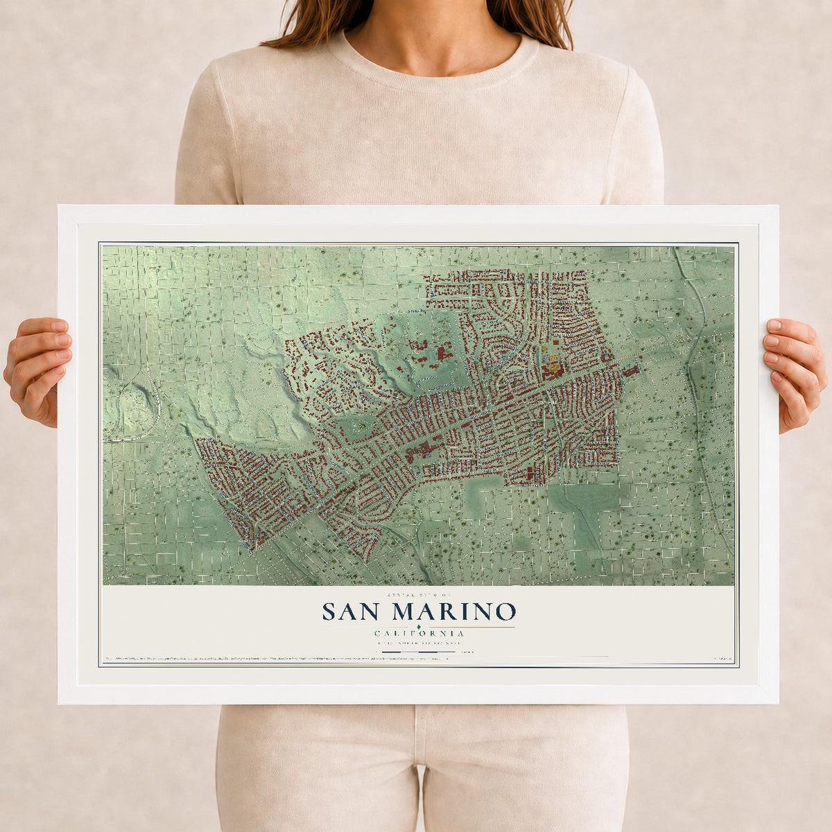 Map of San Marino, California, 12 x 18 inch print in a white wood frame