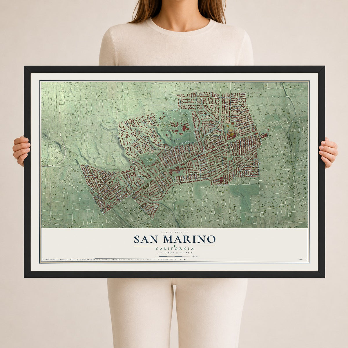 Map of San Marino, California, 24 x 36 inch print in a black wood frame