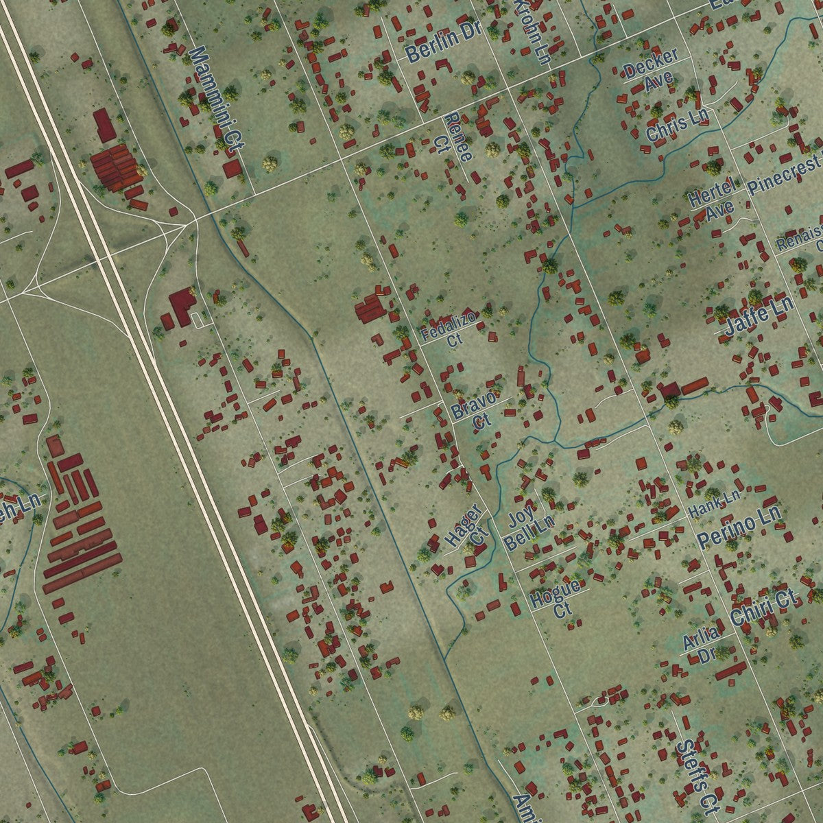 Close-up of the map of San Martin, California print showing street and building detail
