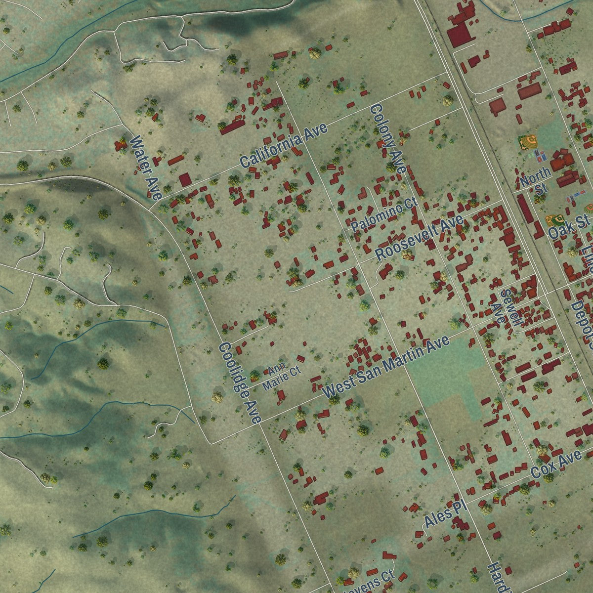 Second close-up of the map of San Martin, California print showing more streets and buildings