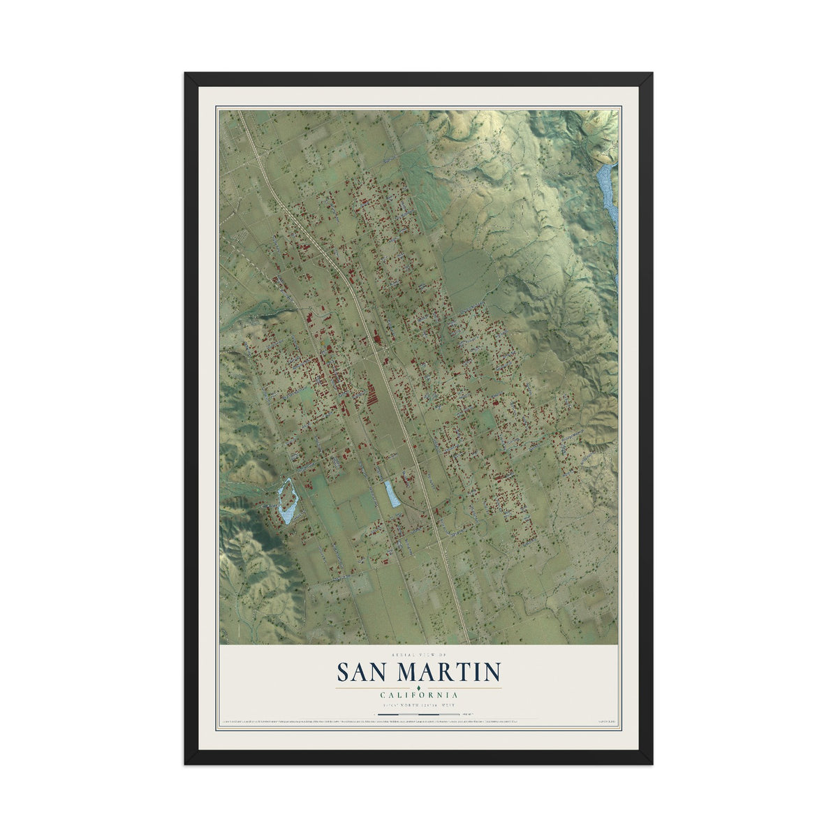 Map of San Martin, California, 12 x 18 inch print in a black wood frame