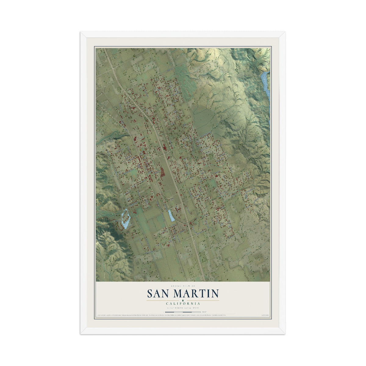 Map of San Martin, California, 12 x 18 inch print in a white wood frame