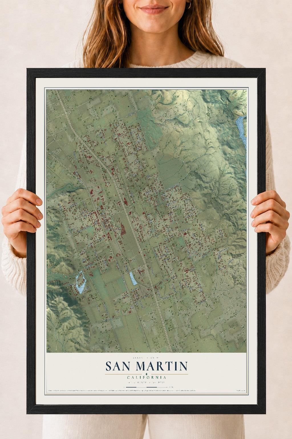 Map of San Martin, California, 18 x 24 inch print in a black wood frame