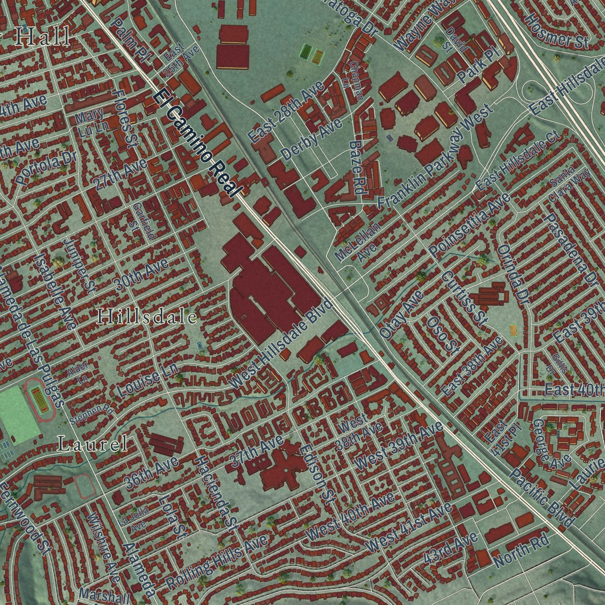 Close-up of the map of San Mateo, California print showing street and building detail