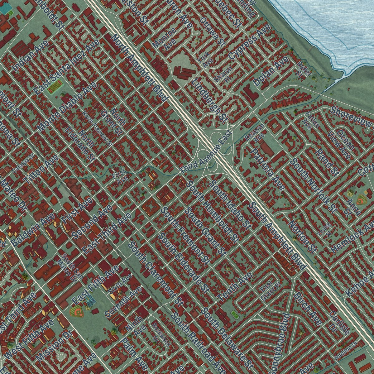 Second close-up of the map of San Mateo, California print showing more streets and buildings