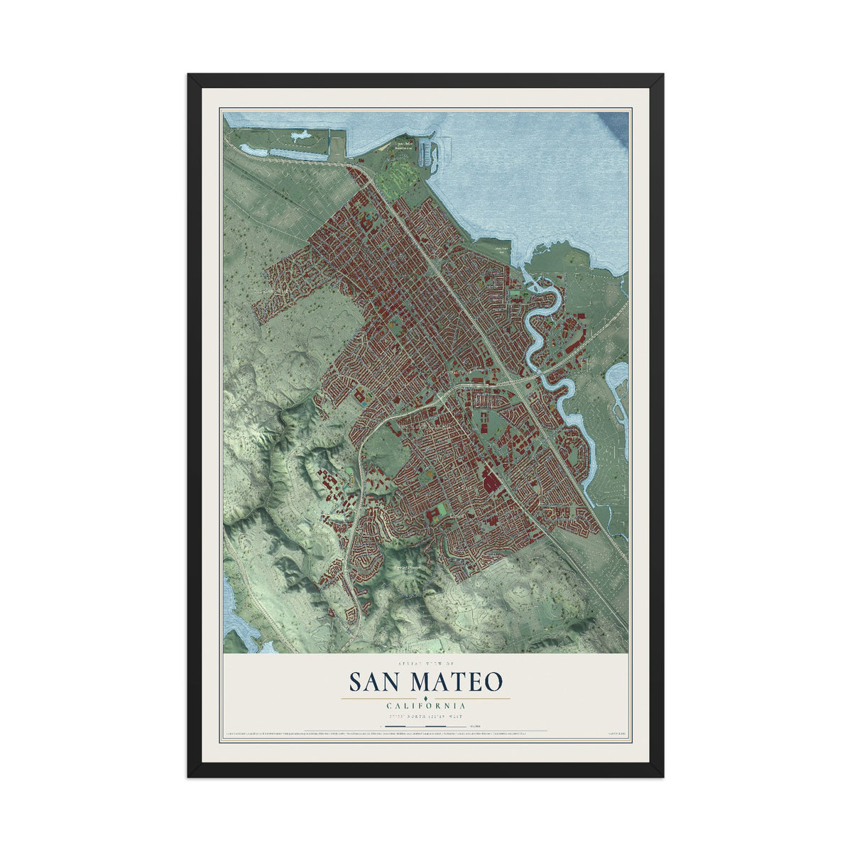 Map of San Mateo, California, 12 x 18 inch print in a black wood frame