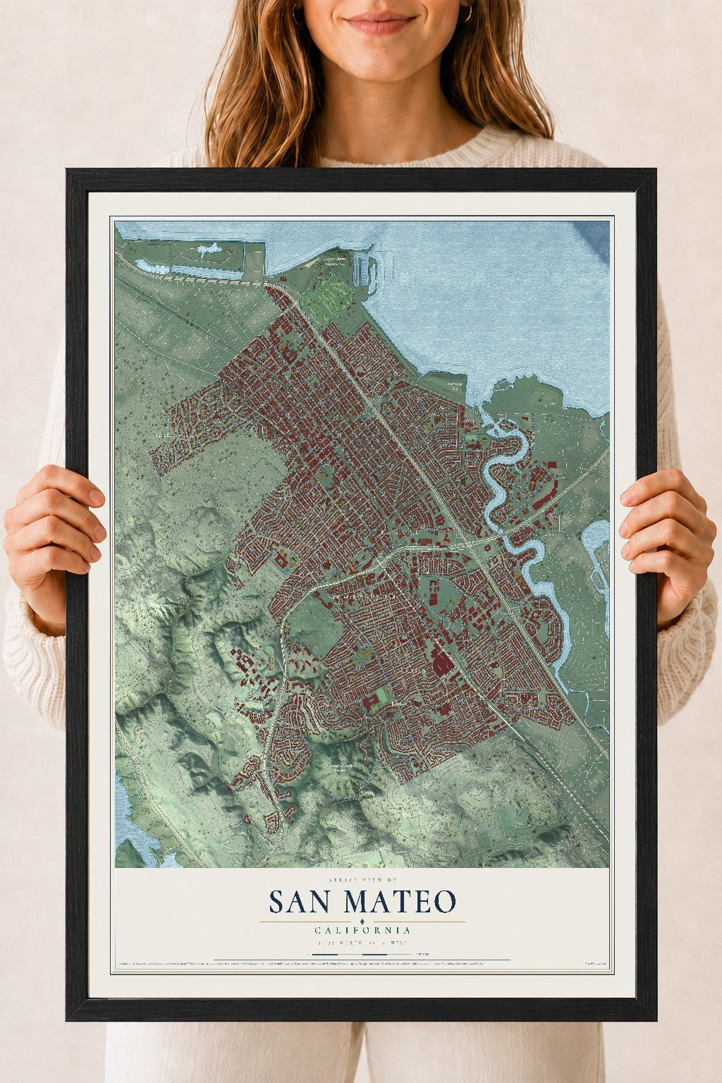 Map of San Mateo, California, 18 x 24 inch print in a black wood frame