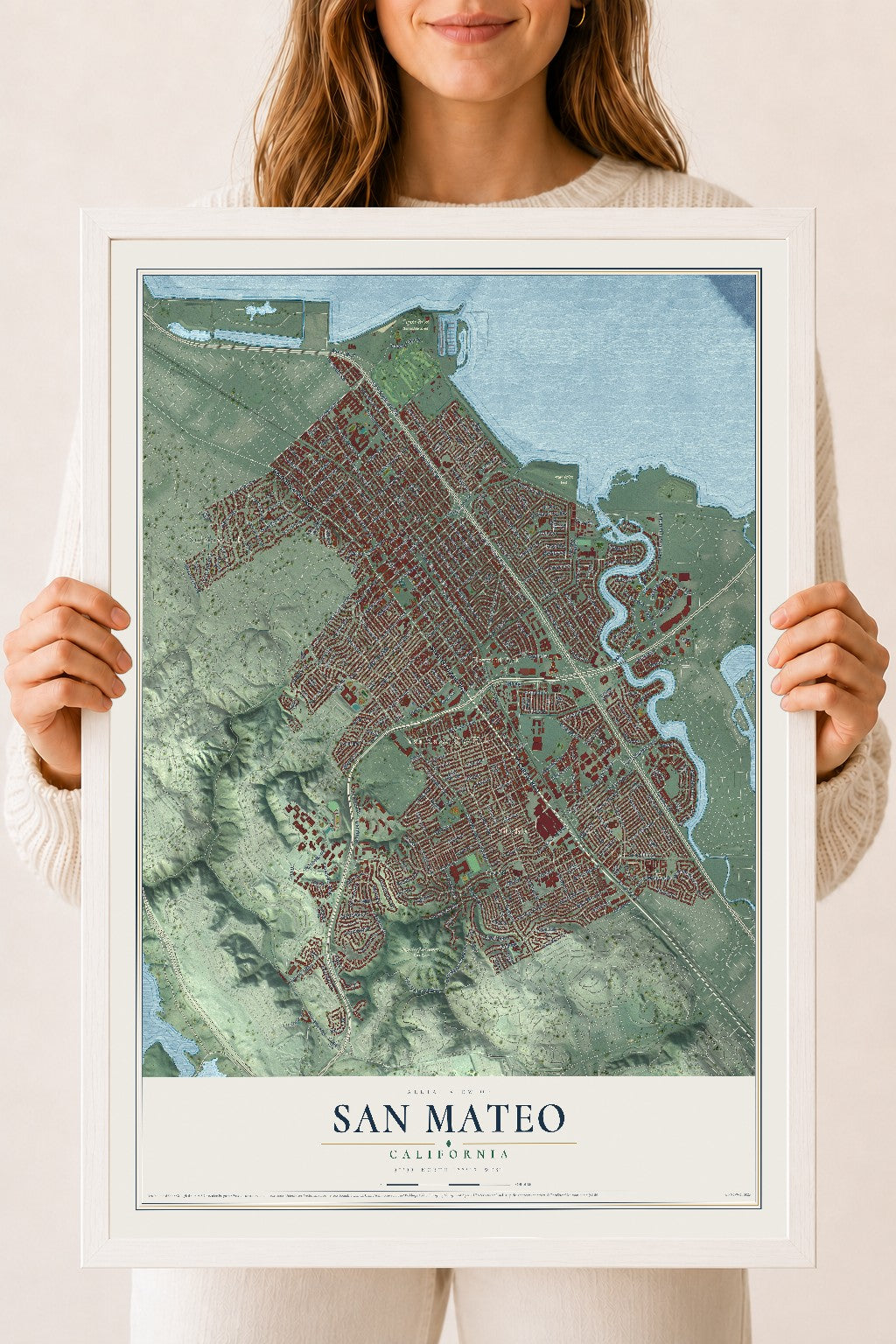 Map of San Mateo, California, 18 x 24 inch print in a white wood frame