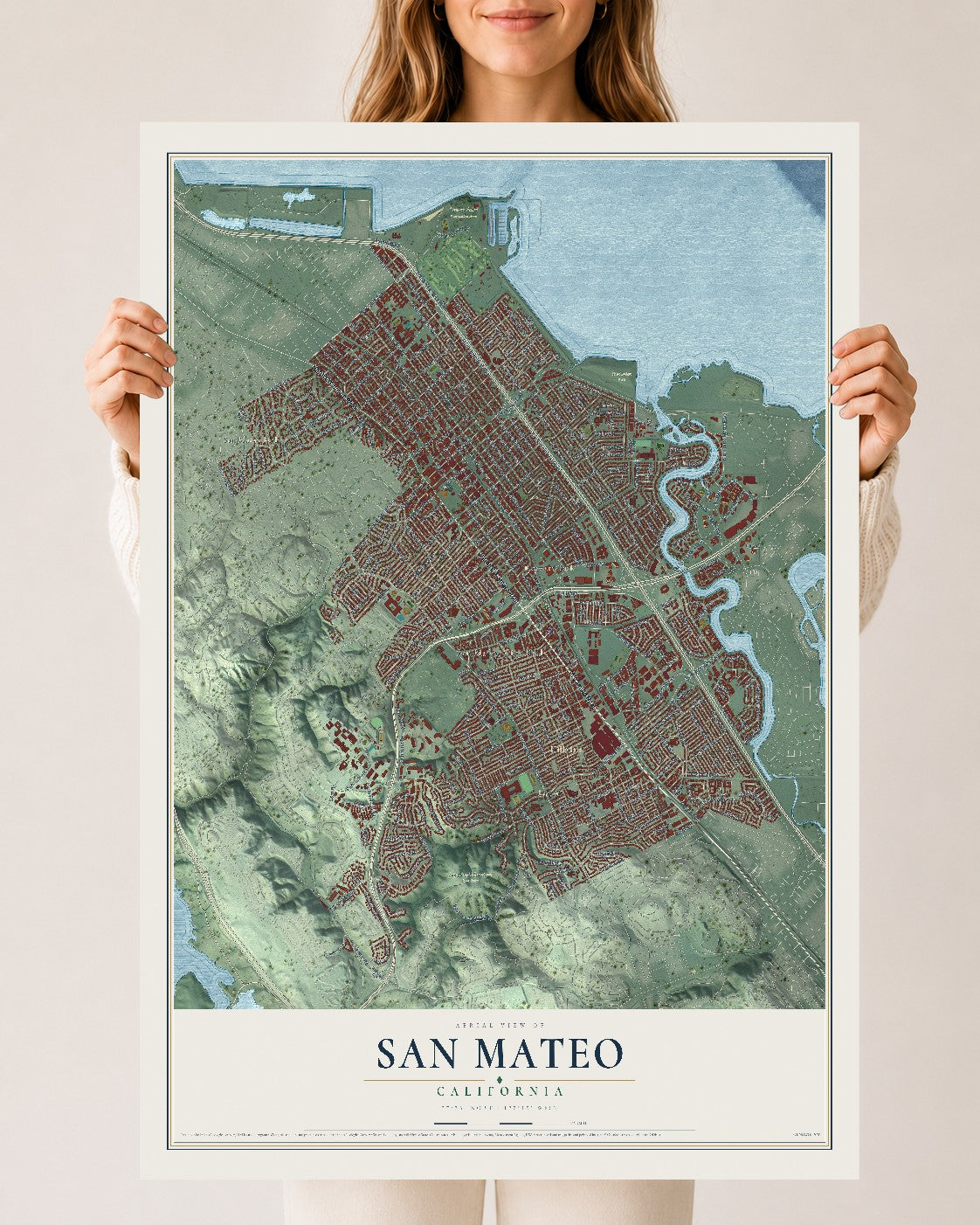 Map of San Mateo, California, 24 x 36 inch unframed archival matte print