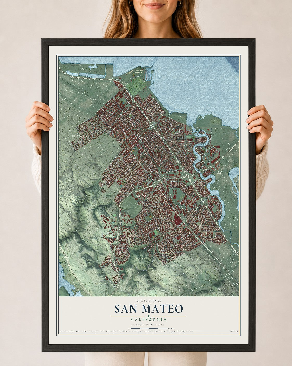 Map of San Mateo, California, 24 x 36 inch print in a black wood frame