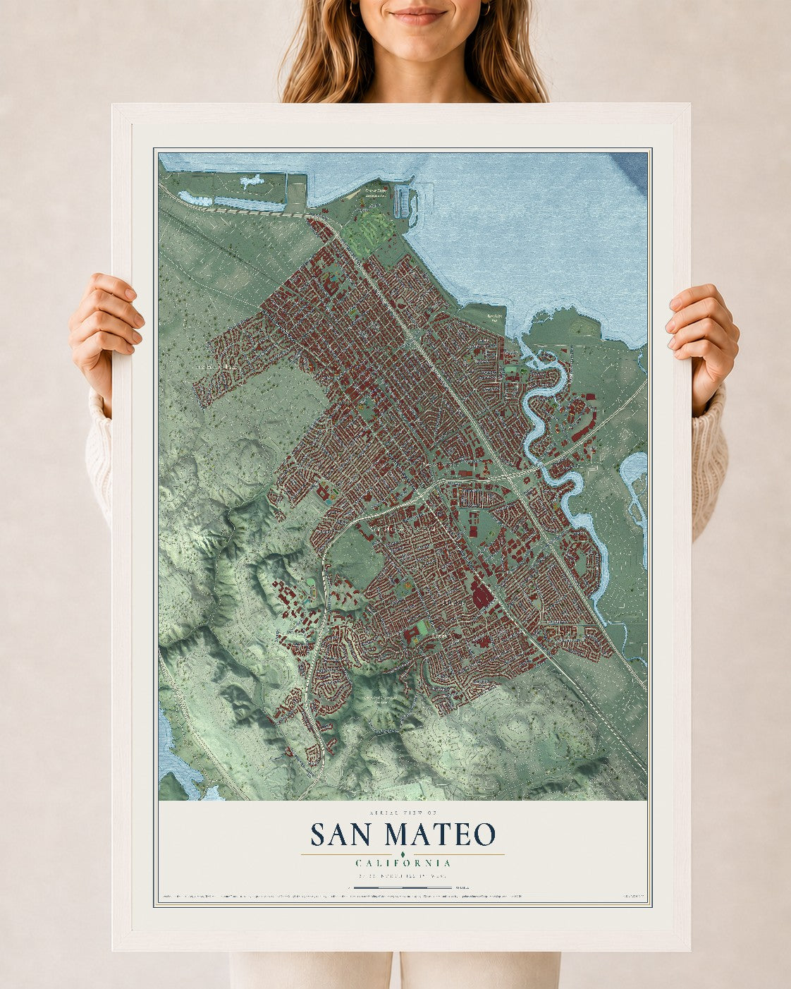 Map of San Mateo, California, 24 x 36 inch print in a white wood frame