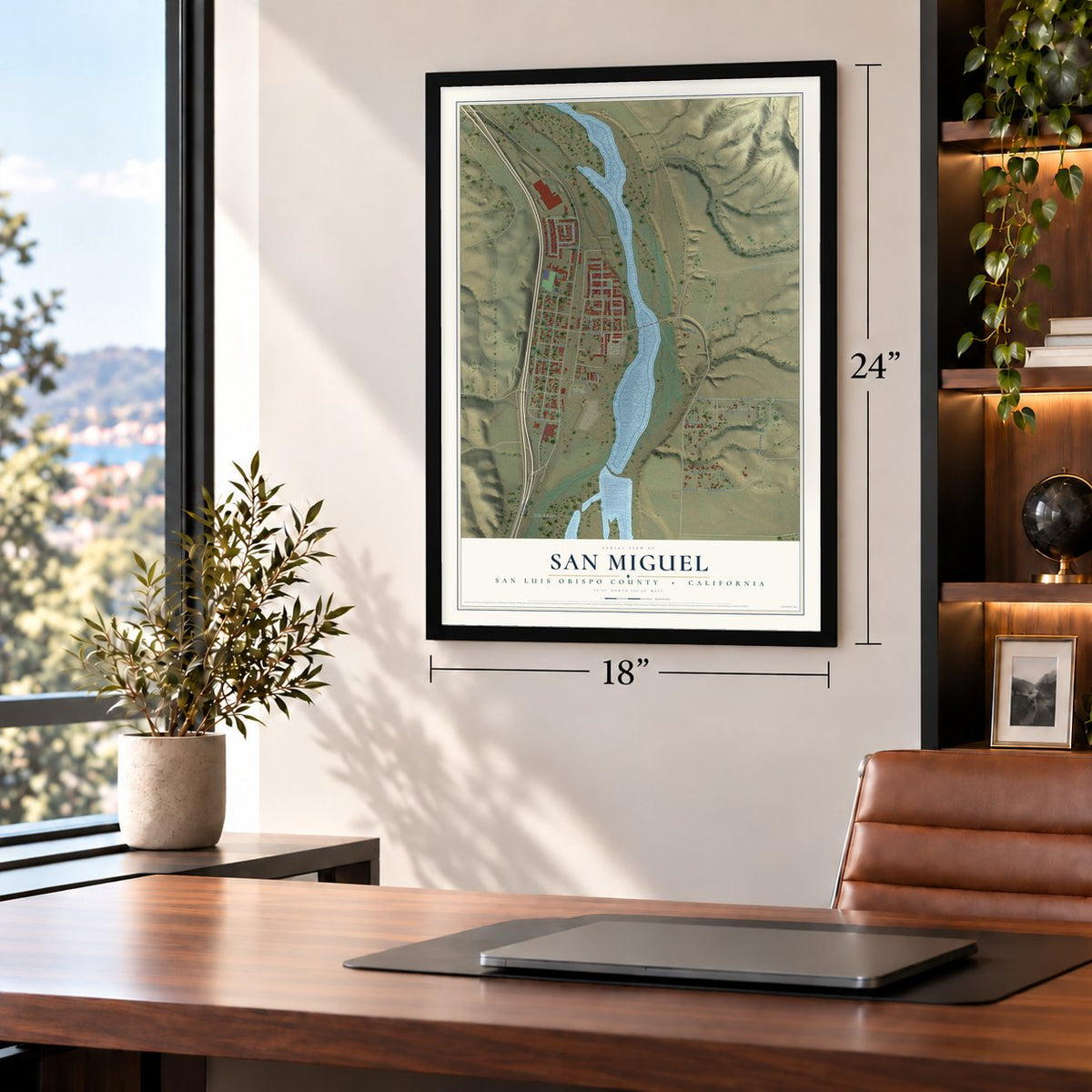 San Miguel, San Luis Obispo County, California map, 18 x 24 inch print in a black frame in a home office