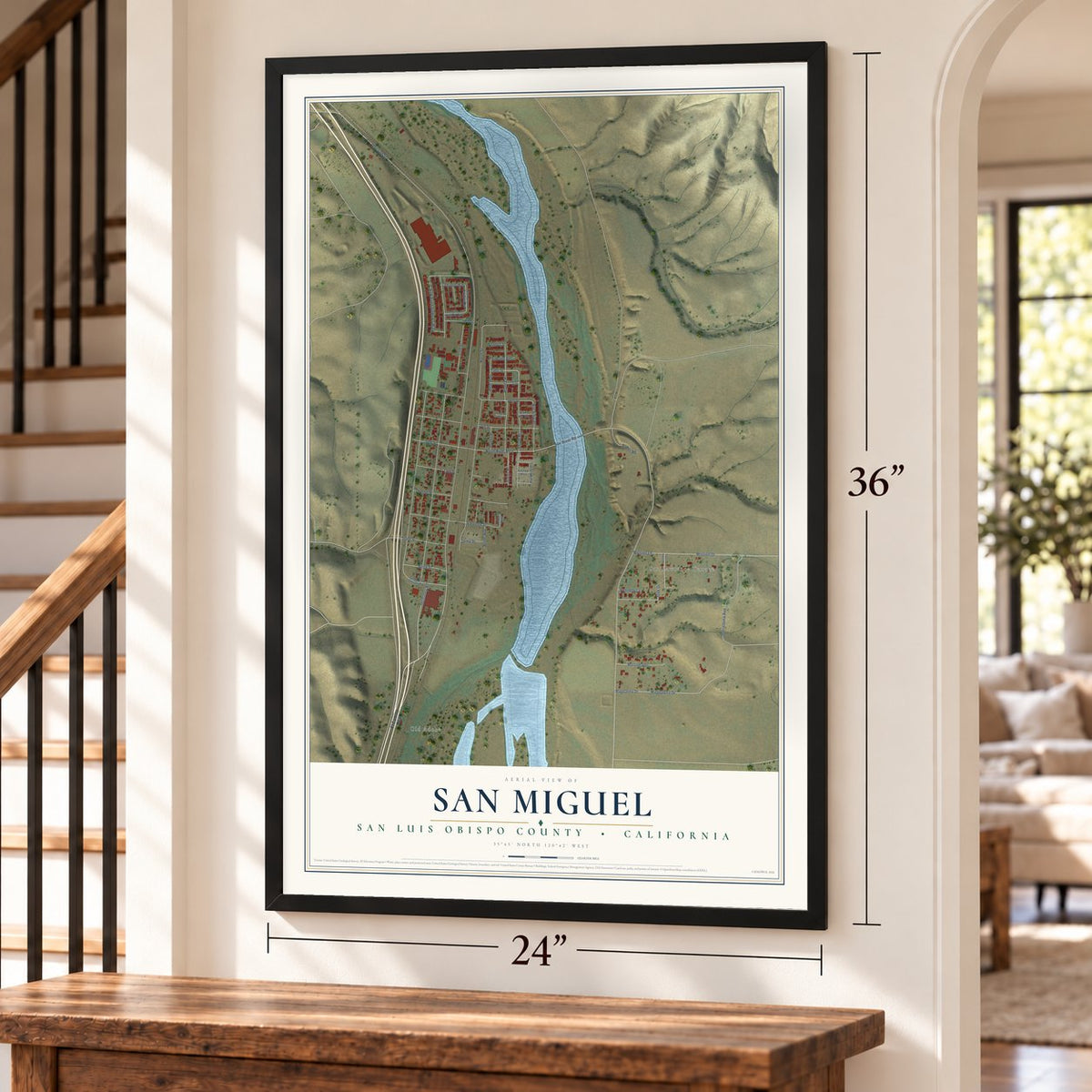 San Miguel, San Luis Obispo County, California map, 24 x 36 inch print in a black frame by a staircase