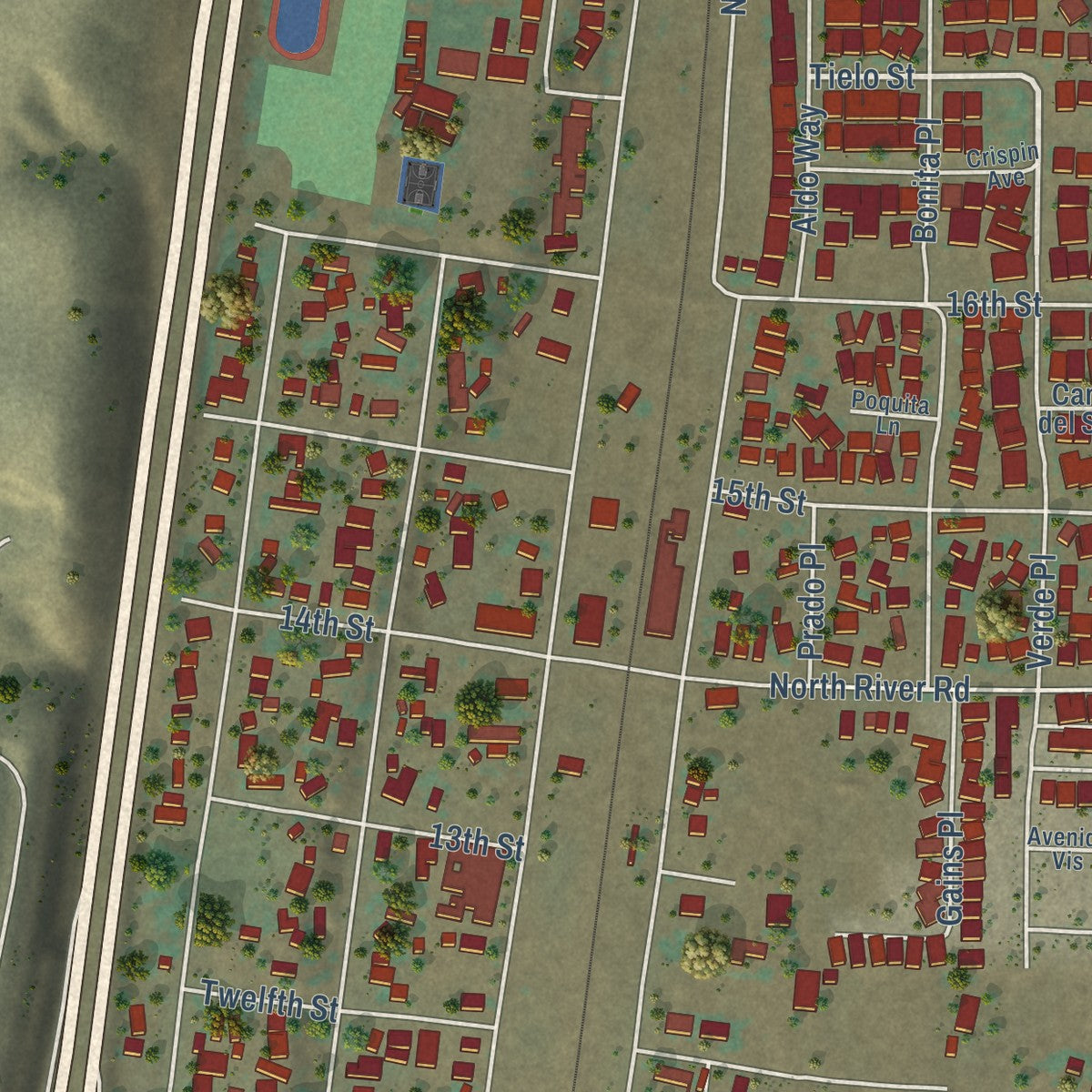 Close-up of the map of San Miguel, San Luis Obispo County, California print showing street and building detail