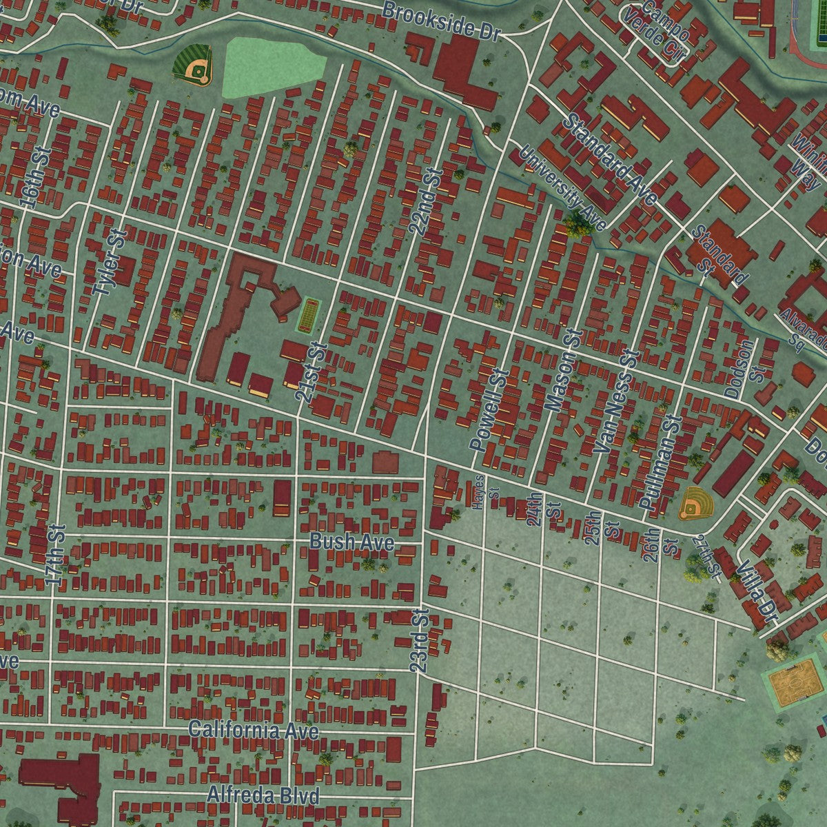 Second close-up of the map of San Pablo, California print showing more streets and buildings