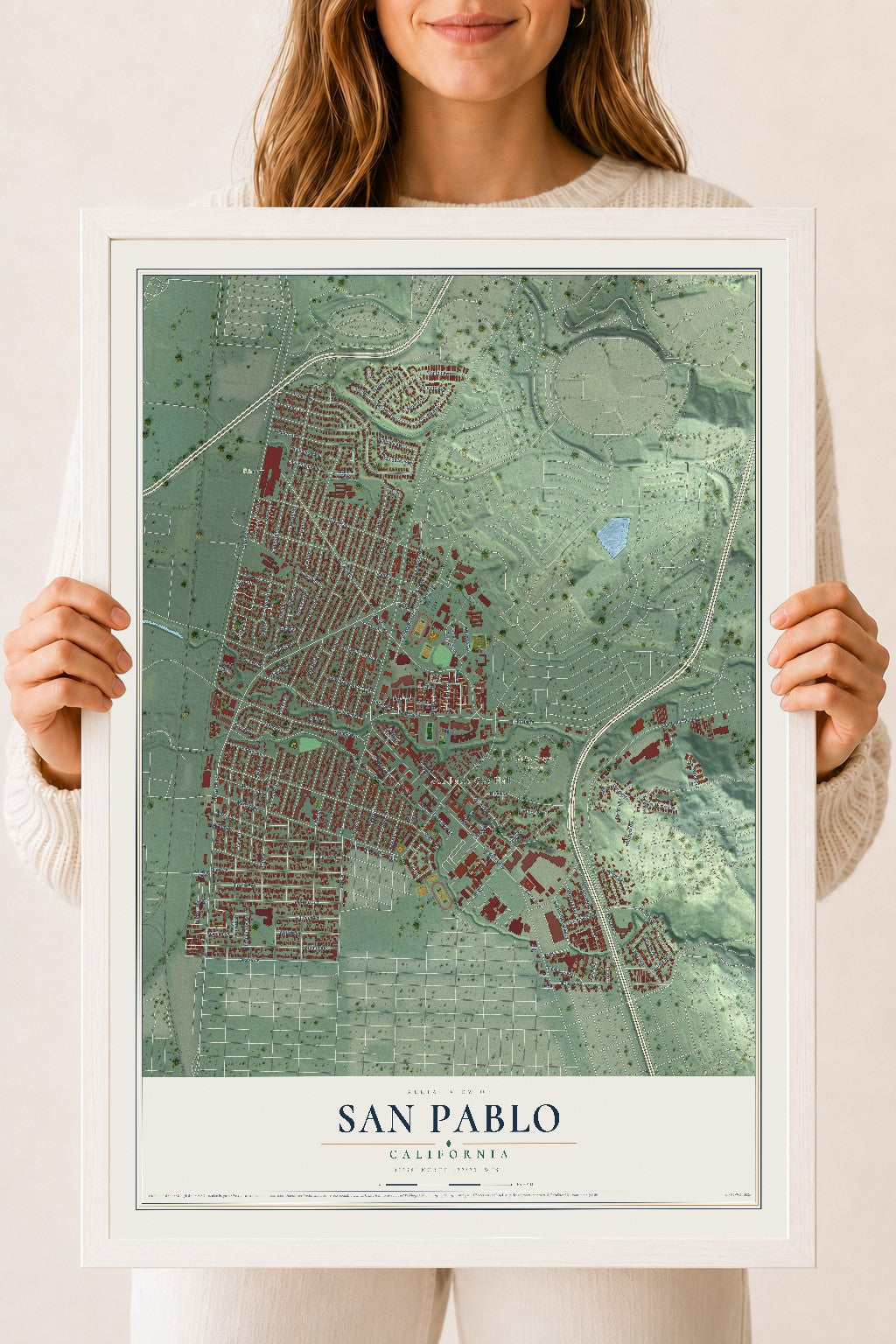 Map of San Pablo, California, 18 x 24 inch print in a white wood frame