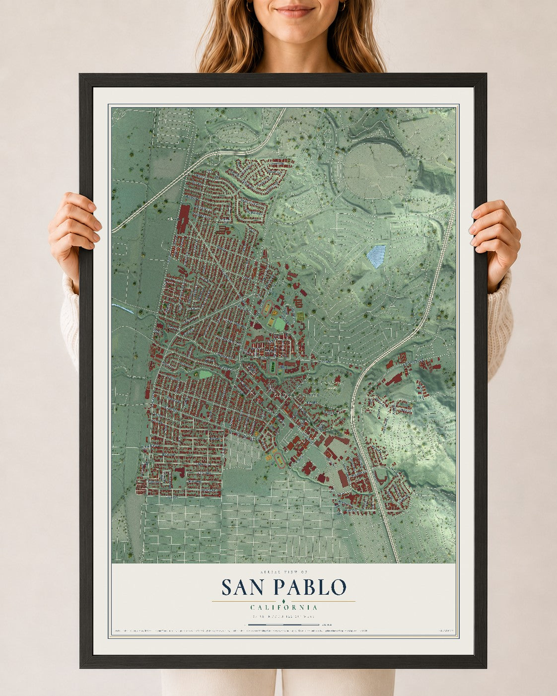 Map of San Pablo, California, 24 x 36 inch print in a black wood frame