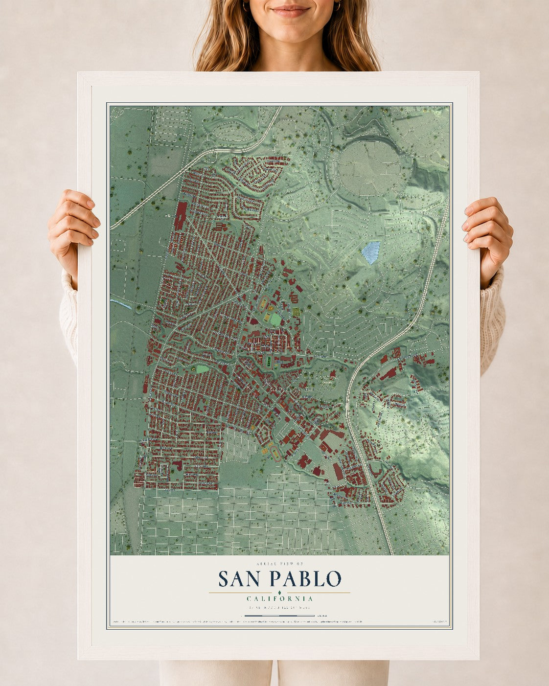 Map of San Pablo, California, 24 x 36 inch print in a white wood frame