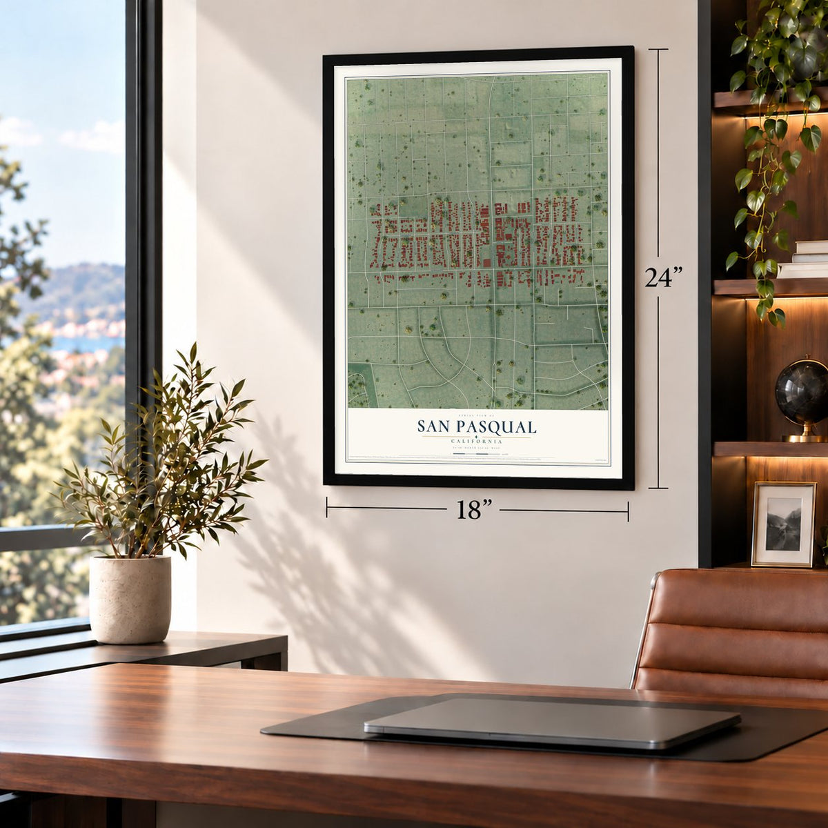 San Pasqual, California map, 18 x 24 inch print in a black frame in a home office