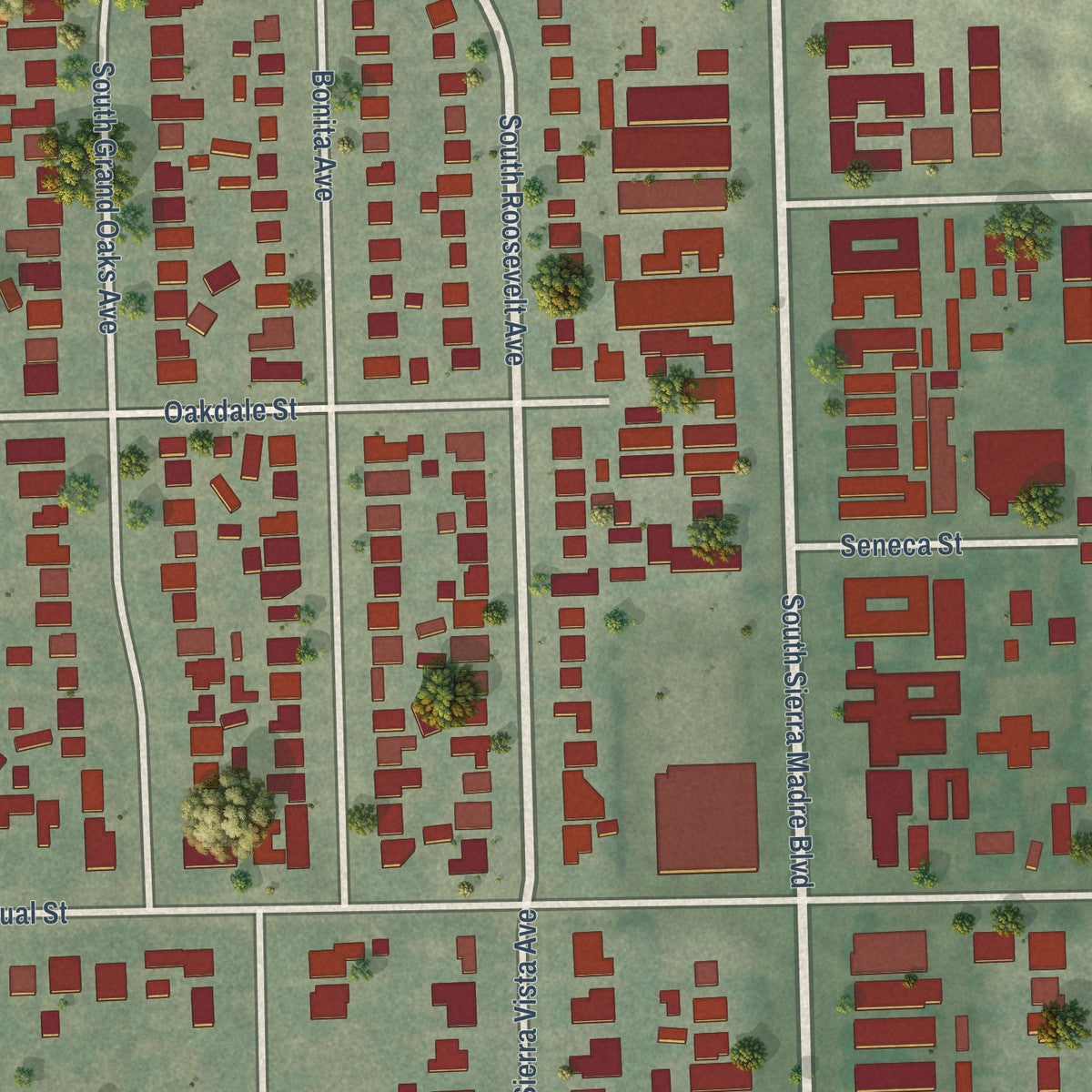 Close-up of the map of San Pasqual, California print showing street and building detail