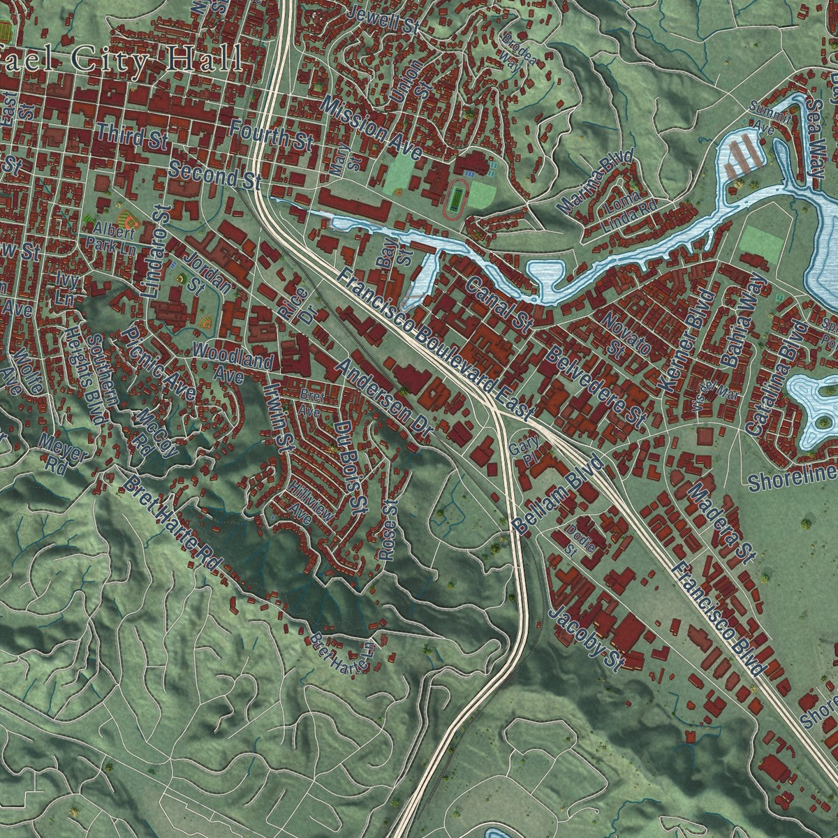 Close-up of the map of San Rafael, California print showing street and building detail