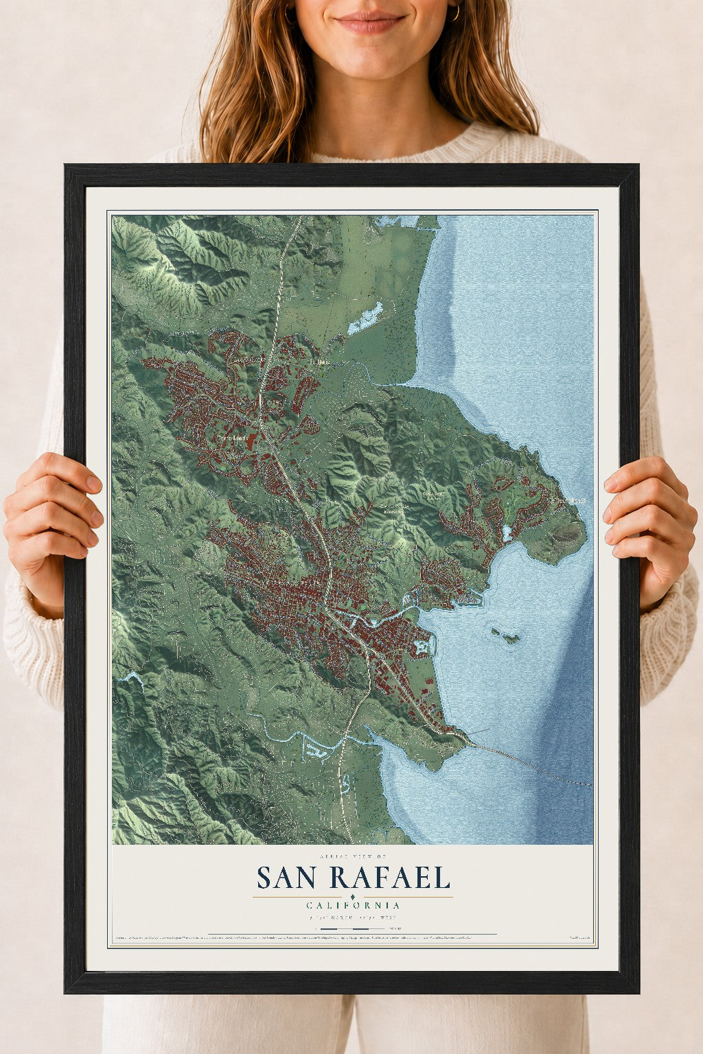 Map of San Rafael, California, 18 x 24 inch print in a black wood frame
