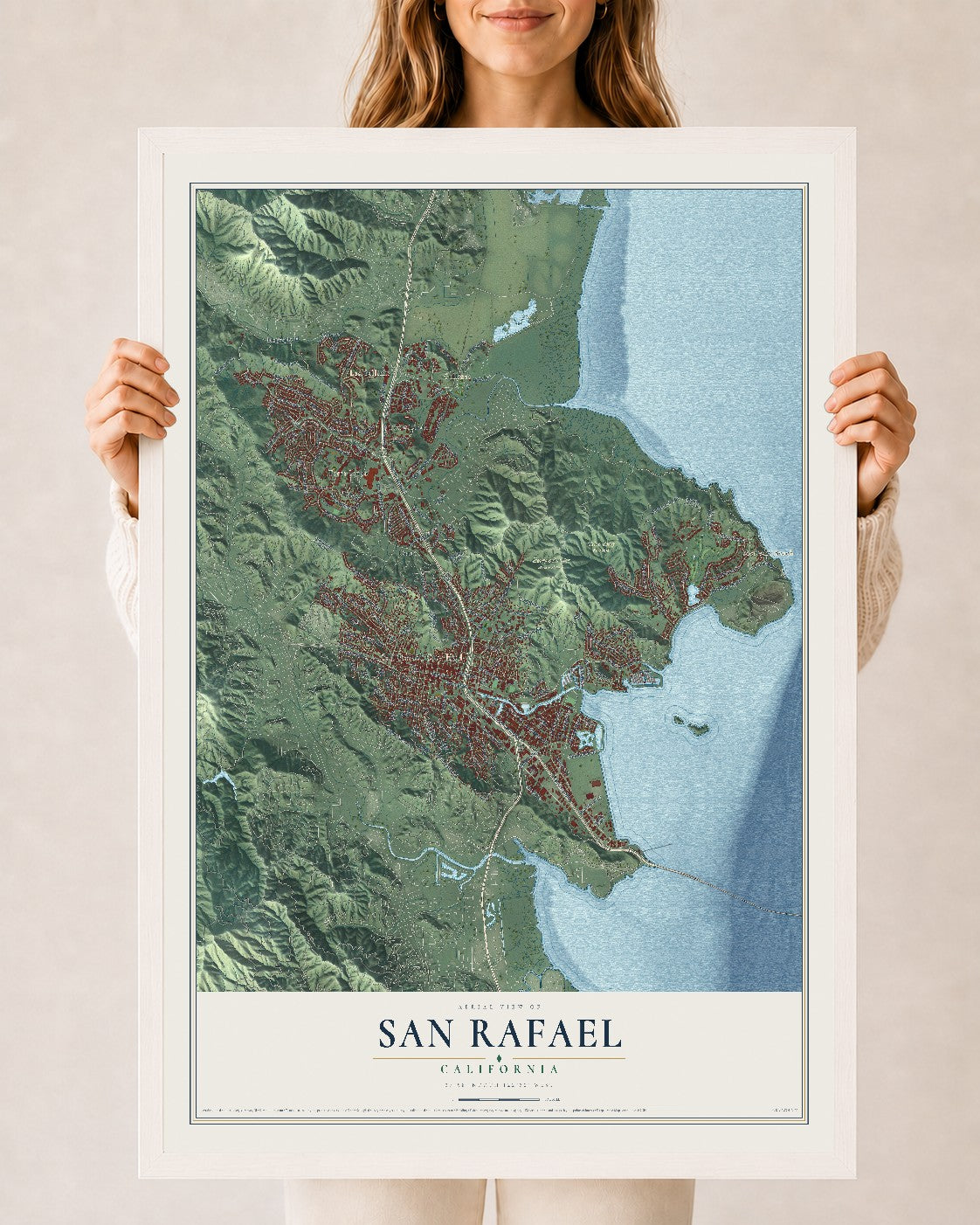 Map of San Rafael, California, 24 x 36 inch print in a white wood frame