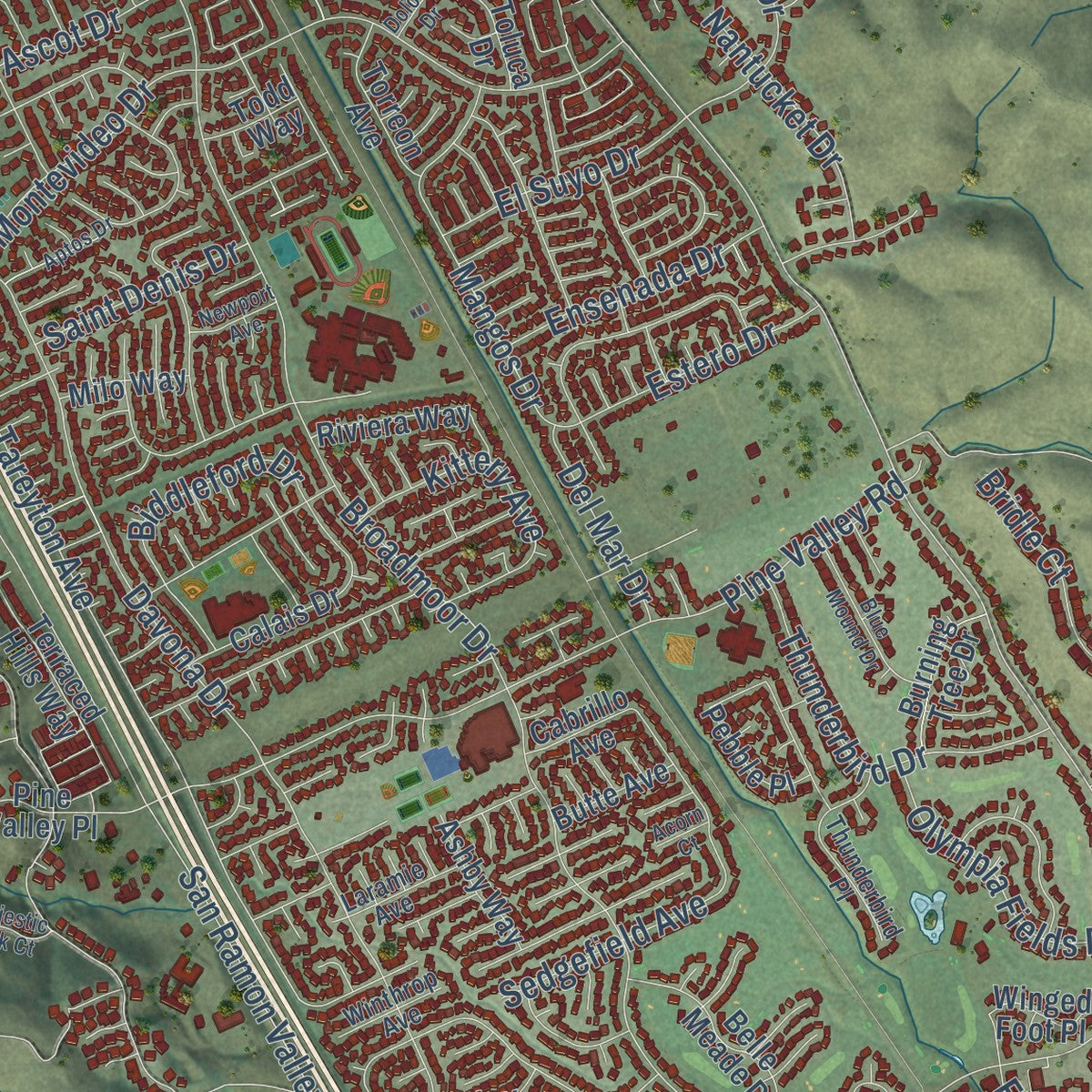 Close-up of the map of San Ramon, California print showing street and building detail