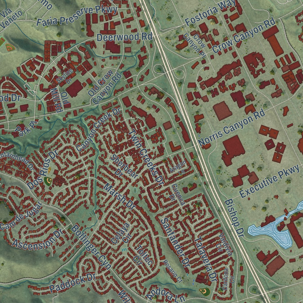 Second close-up of the map of San Ramon, California print showing more streets and buildings