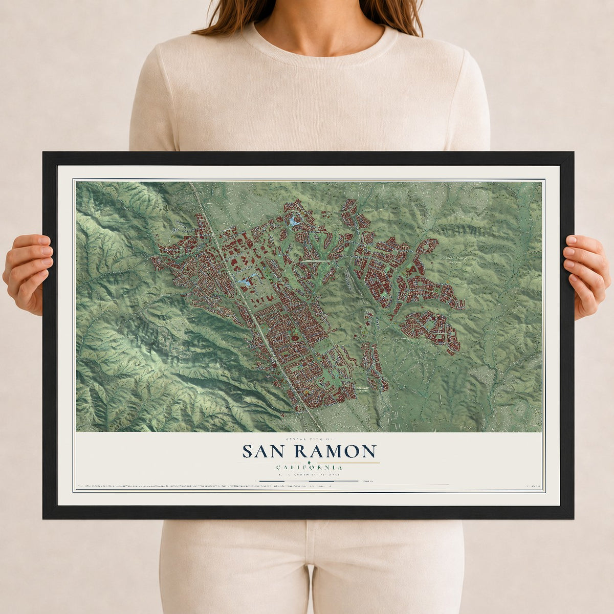 Map of San Ramon, California, 12 x 18 inch print in a black wood frame
