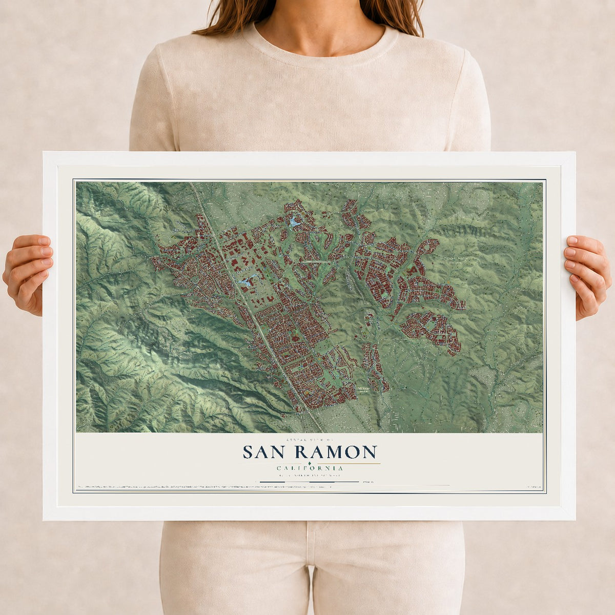 Map of San Ramon, California, 12 x 18 inch print in a white wood frame